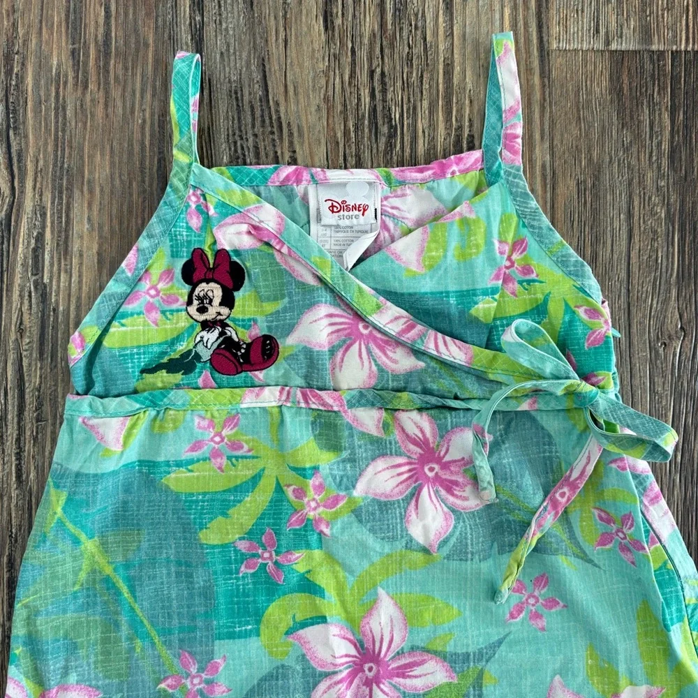 Vtg Disney Store Minnie Mouse Tropical Hawaiian Cotton Dress 4T Green Pink Y2K - Picture 8 of 11
